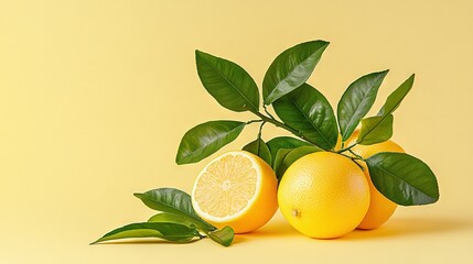  Lemons with green leaves on a yellow background and a half-lemon in the foreground