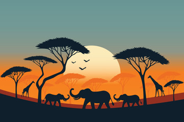 savannah in the evening with big trees elephants and giraffes in silhouette flat vector illustration © Marina