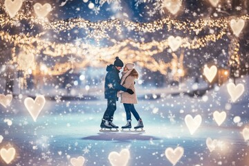 Obraz premium Couple skating surrounded by snowflakes and heart-shaped garlands