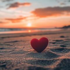 Fototapeta premium Lonely heart on the sand by the sea, against the backdrop of sunset, Valentine's Day