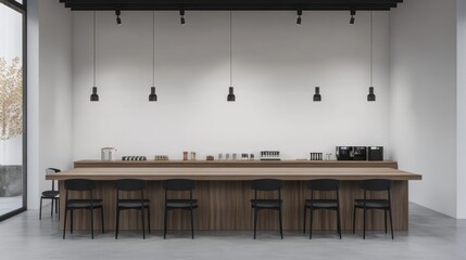 Modern cafe interior, wooden counter, minimalist design, city view, coffee shop