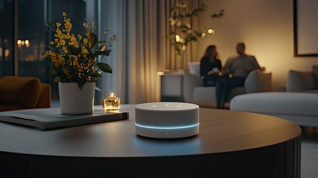 Smart speaker integrates technology into living spaces, creating a lively atmosphere as friends engage in conversation