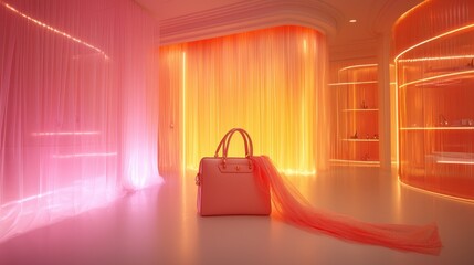 Pink handbag with scarf in illuminated showroom with sheer curtains.