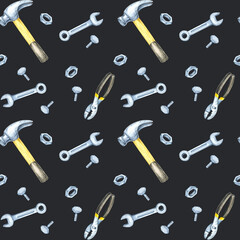 A dark background featuring silver wrenches, bolts, and yellow-handled hammers in a seamless watercolor pattern. Perfect for bold packaging, apparel, and decor with an industrial touch