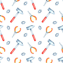Watercolor clipart of red-handled tools, wrenches, bolts, and pliers in a seamless pattern. Great for gift wrap, fabric prints, and merchandise with a construction or DIY theme