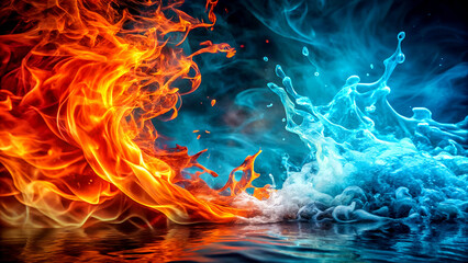 A vibrant abstract composition showcasing the intense clash between fiery orange flames and cool blue water, symbolizing the balance of opposing forces.