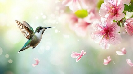 Naklejka premium A hummingbird flying over pink flowers in sharp focus against a hazy backdrop of pink blossoms