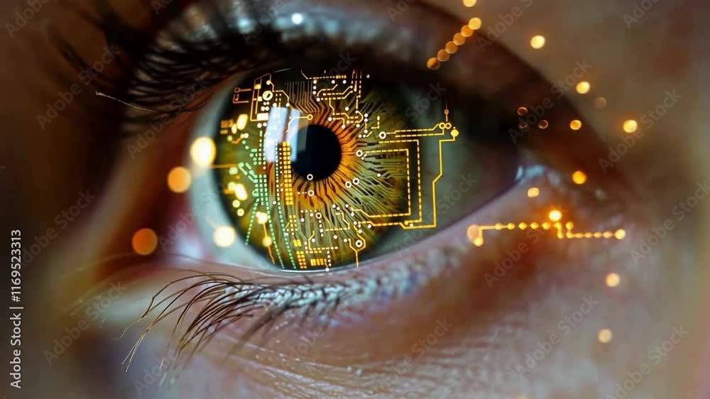 Poster a detailed close-up showcases a human eye integrated with circuit patterns, symbolizing the fusion o