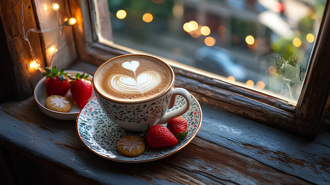 Cup of coffee with a heart on it sits on a plate next to a plate of strawberri
