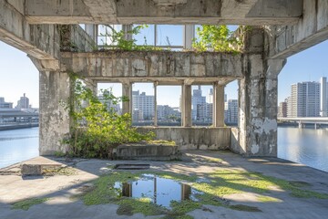Ruins overlooking cityscape. Nature reclaims concrete structure by the water.