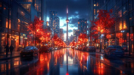 Obraz premium Rainy city street at dusk, glowing red trees, tower reflection
