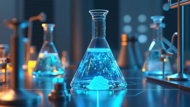 Glowing Blue Liquid in Erlenmeyer Flask Science Lab Experiment