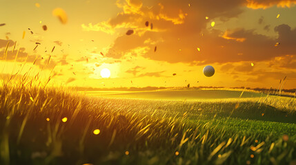 Golf club hitting ball on green field at sunset close-up. Nightspire. Illustration