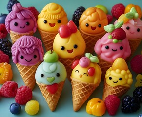 Ice cream decorated with cute, colorful smiling faces, perfect for kids. easter decoration with eggs and chickens