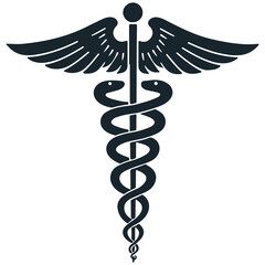 The image shows the Caduceus, a symbol often associated with medicine and healthcare. It depicts a staff with two snakes winding around it and topped with two wings.