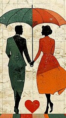 Retro couple enjoying a romantic moment under a heart-shaped umbrella in a vibrant cartoon style reminiscent of the 1950s