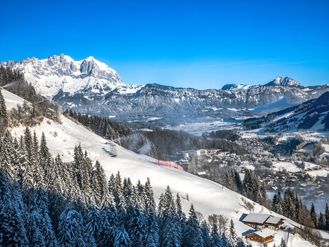 Kitzbuhel, ski resort in Austrian Alps, view of a section of Streif downhill on Hahnenkamm