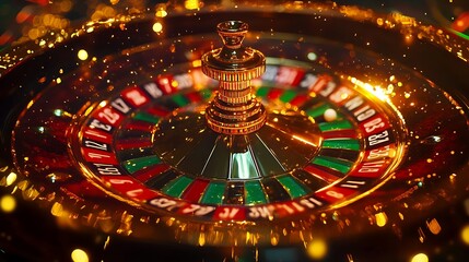 A close-up view of a roulette wheel, showcasing vibrant colors and glimmering lights.