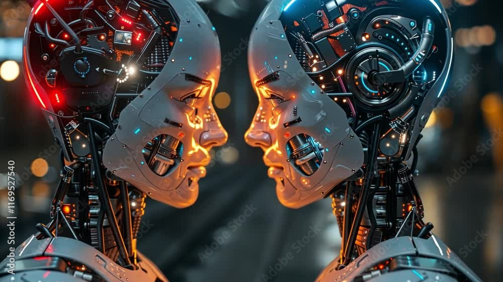 Poster Two humanoid robots face each other, their intricate metallic designs illuminated by soft lights, conveying emotions of love and connection in a high-tech environment.