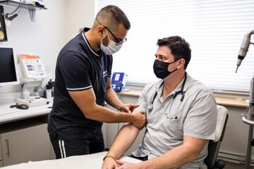 Obraz premium Doctor examining elbow of patient in clinic exam room