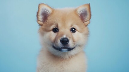 A cute puppy with fluffy fur and bright eyes against a blue background.