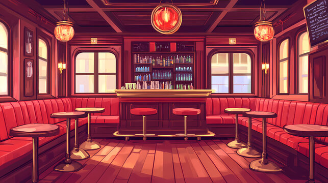 Classic bar interior design with red booths and wooden floors. Nightspire. Illustration