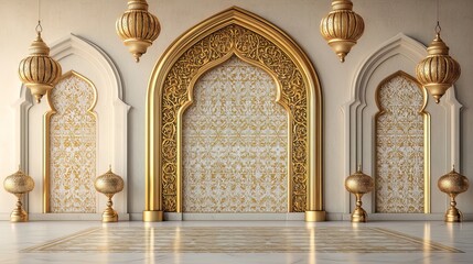 Obraz premium Digital illustration depicting an ornate architectural detail. The image showcases a large, golden arabesque archway set against a white marble wall.