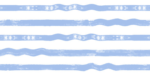 Wave stripes seamless pattern. Hand drawn wavy beach vector print, grunge paint lines with waves, blue watercolor background