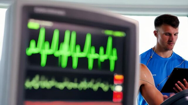 Fitness tracking: man monitoring heart rate on treadmill with device