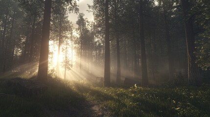Obraz premium Sunbeams Piercing through a Misty Forest at Dawn