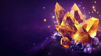Luminous citrine and sapphire hues creating an elegant, geometric arrangement with ambient light on a dark purple background.