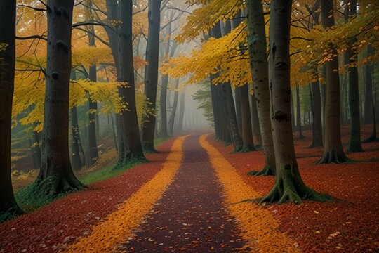 A serene autume forest path with fallen 