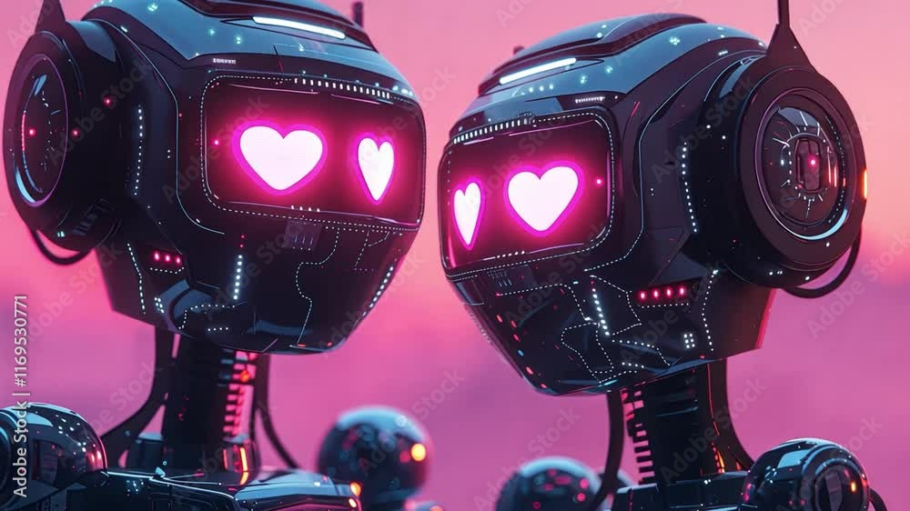 Poster two futuristic robots face each other, displaying pink hearts in their eyes, set against a vibrant, 