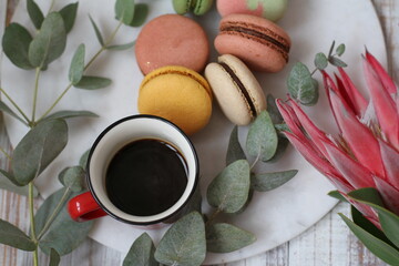 Cup of coffee, macarons in different colors and tastes and fresh protea flower and eucalyptus