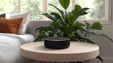 Smart home technology displayed on a nightstand beside a cozy bed, enhancing comfort and security in a stylish bedroom setting