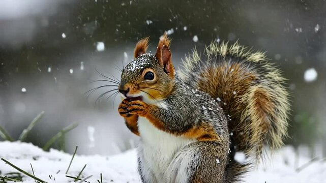 Snow covered squirrel clutching something, highlighted against a tranquil snowy background
