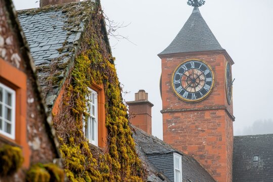 Historic clock tower and ivy-covered buildings on a foggy day.