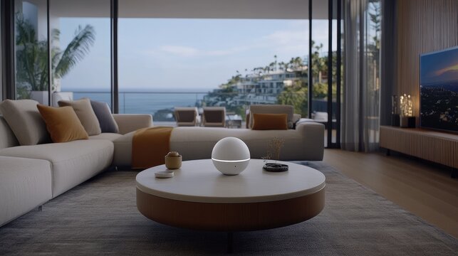Close-up view of a white smart home security camera placed on a table with a neutral beige background highlighting its design