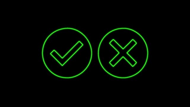 Animation of neon green checkmark and X icons inside circles on a black background, featuring a glowing digital aesthetic and minimalistic design.
