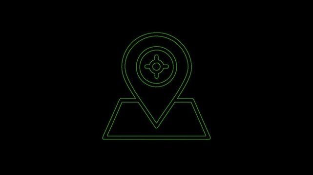 A glowing green neon map pin icon with a crosshair at its center, set on a rectangular base against a black background, symbolizing navigation.