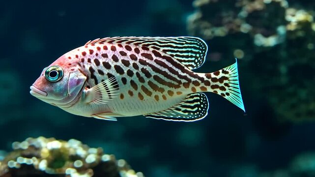 Unique pink and spotted fish with blue eye swimming in dark underwater