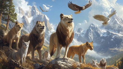 Naklejka premium Majestic wildlife, mountain backdrop, birds in flight.