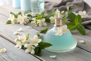 A smoke diffuser with pale blue liquid, decorated with jasmine flowers and mint sprigs