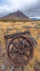 Fototapeta premium Rusty wagon wheel rests in a desert landscape, a modern wind turbine and mountains in the background.