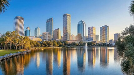 Fototapeta premium Skyline Reflection: A Stunning Sunrise over Florida's Vibrant City