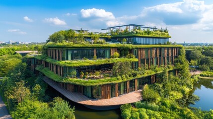 Fototapeta premium Sustainable Architecture: The Green Building by the Lake