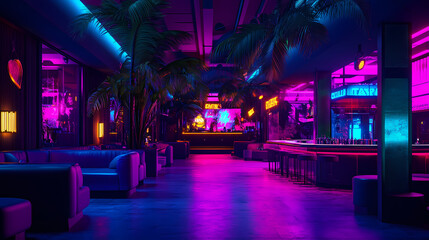 A nightclub flyer with dark themes, glowing neon colors, and a modern party vibe. Nightspire. Illustration