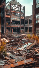 Ruins of a destroyed building.  Debris and broken structures litter the ground, overgrown with vegetation.