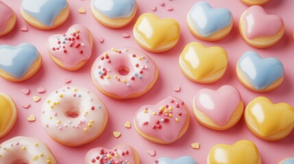 Fototapeta premium Sweetheart Donuts: A Delightful Collection of Pink, Yellow, and Blue Heart-Shaped and Round Donuts on a Pink Background