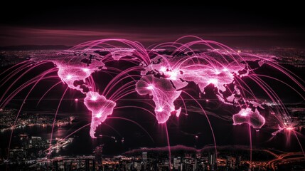 Global Network: Interconnected World, Digital Connections, Pink Hues